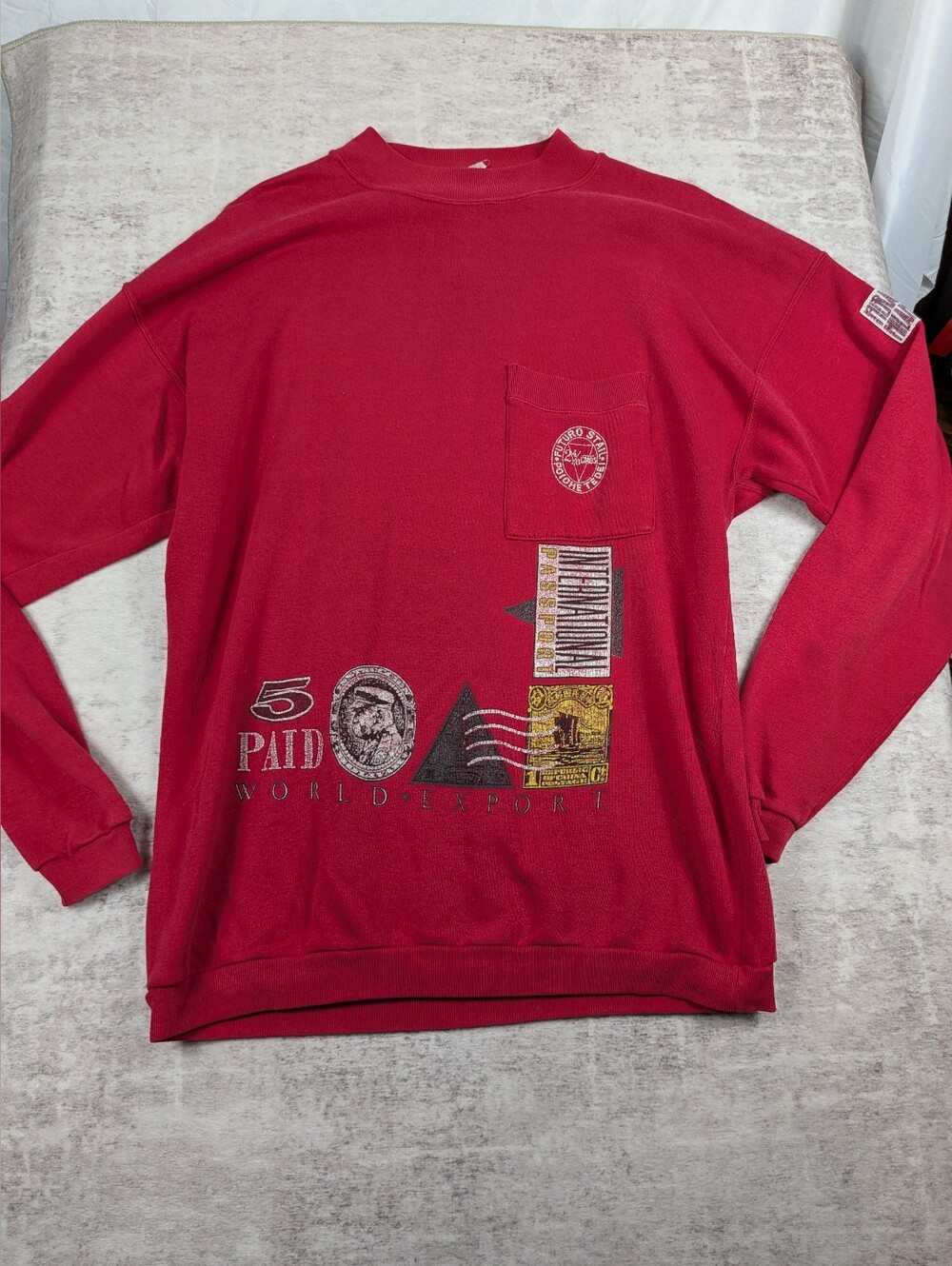 Vintage 90s Sun Sportswear "Bigger" World Export Graphic Pocket Sweatshirt - Red